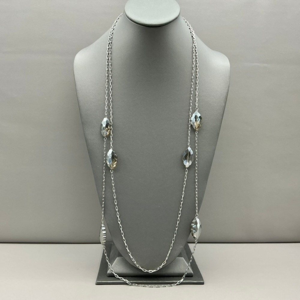 LOFT Necklace Womens Silver Tone Gray Crystal Station Long Layered Chain Jewelry